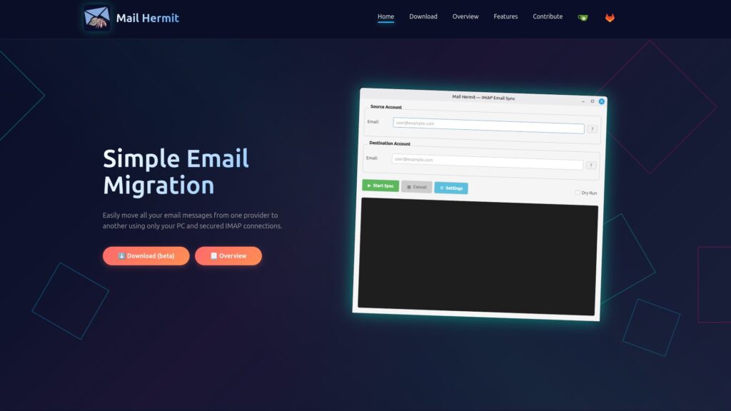 Mail Hermit Home Page Screenshot